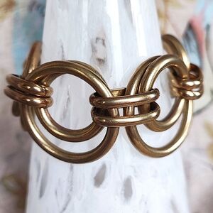 J. Crew Double Round Link Chain Oxidized Brass Tone Bracelet Lifesaver Clasp EUC